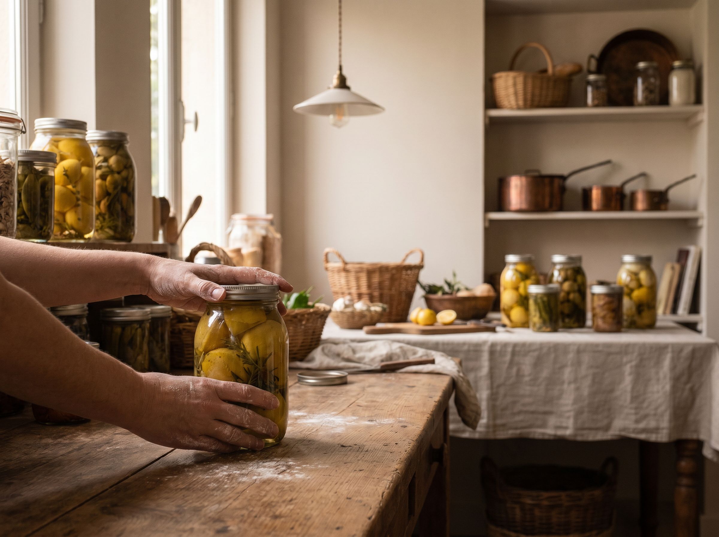 Cuisine ouverte, étagère bois clair, bocaux en verre alignés