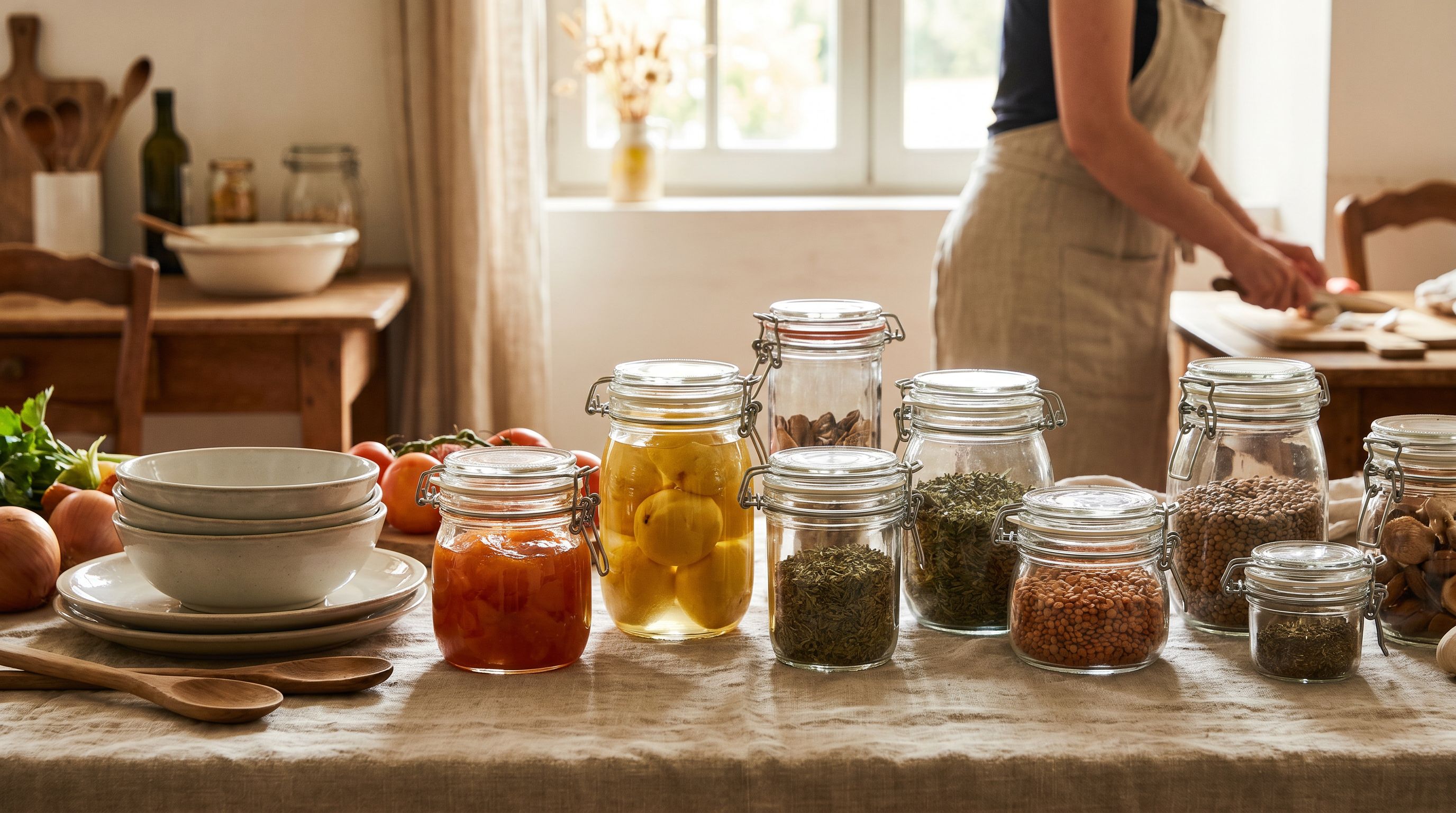 Étagère bois clair, bocaux en verre alimentaire en lumière naturelle